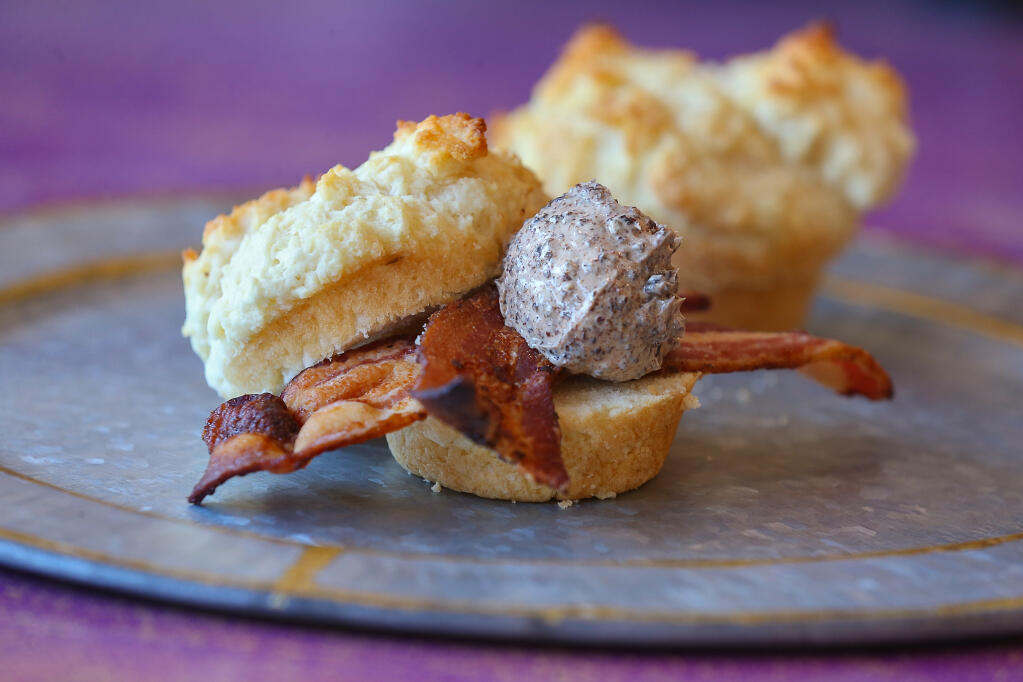 Big Bottom Market Biscuit with Black Pig Bacon and Cherry Black Pepper Butter made by Sheana Davis at The Epicurean Connection. (Christopher Chung/ The Press Democrat)