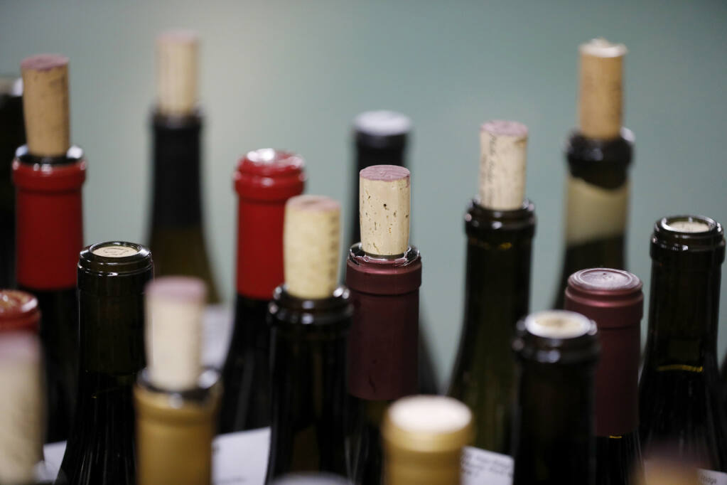 Wines are lined up for judging at the North Coast Wine Challenge at the Sonoma County Fairgrounds in Santa Rosa on Tuesday, April 4, 2023. (Beth Schlanker / The Press Democrat)