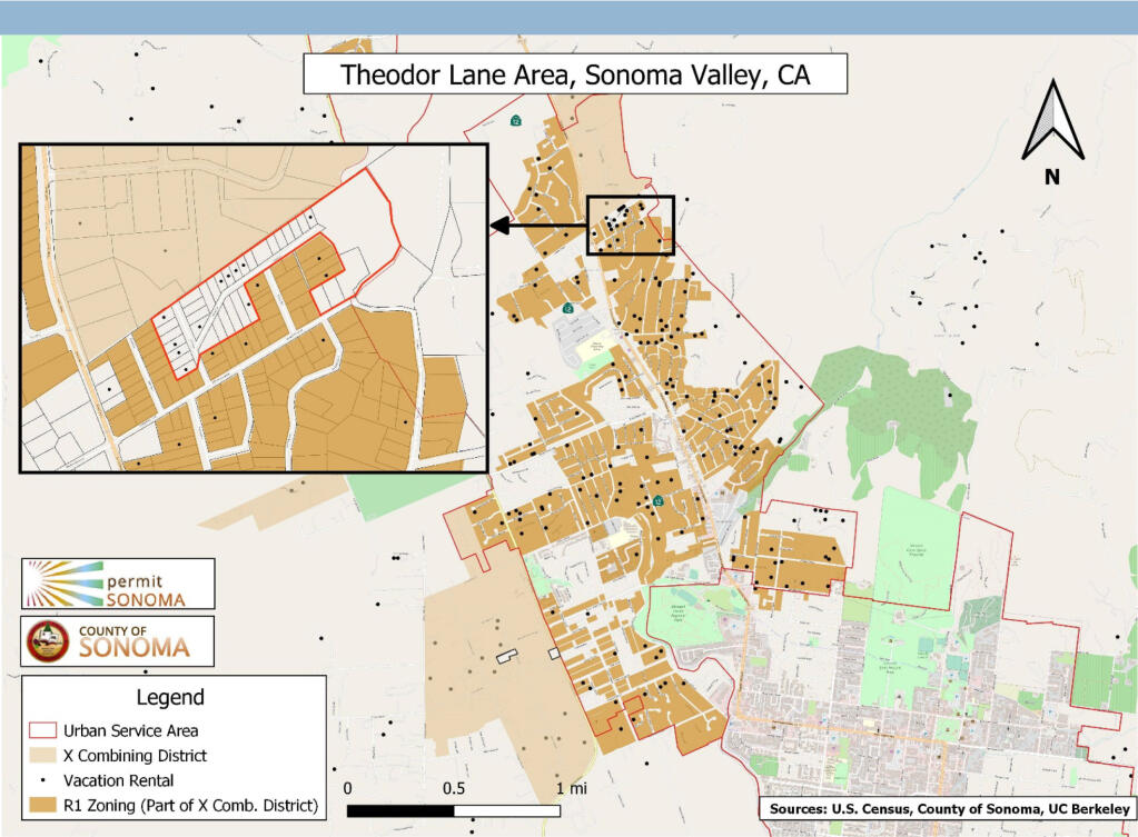 Map from Permit Sonoma showing excess of vacation rental permits issued for Theodor Lane, in a Springs neighborhood that lies between two exclusion zones.