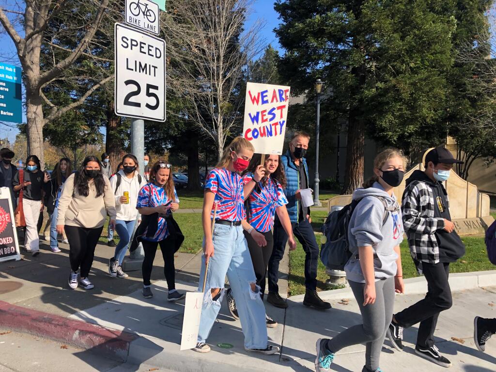 West County High School students participate in a walk out on Thursday, Dec. 2 protesting the school board’s decision to revert the high school’s name back to Analy High School. Amie Windsor photo.