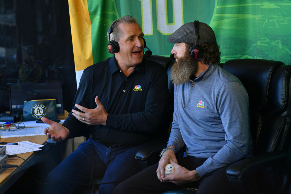 A’s television play-by-play announcer Glen Kuiper, left, and field analyst Dallas Braden before the second game of a doubleheader against the Detroit Tigers in Oakland on Thursday, July 21, 2022. (Jose Carlos Fajardo / SAN JOSE MERCURY NEWS)