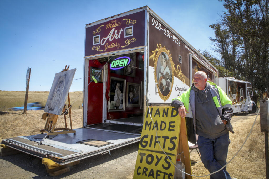 Sandra’s Mobile Art Gallery parked on the corner of Stage Gulch Road and Adobe Road just outside of Petaluma is owned by Richard Satula and his wife, artist Sandra Satule, pictured on Monday, July 25, 2022. (CRISSY PASCUAL/PETALUMA ARGUS-COURIER STAFF)
