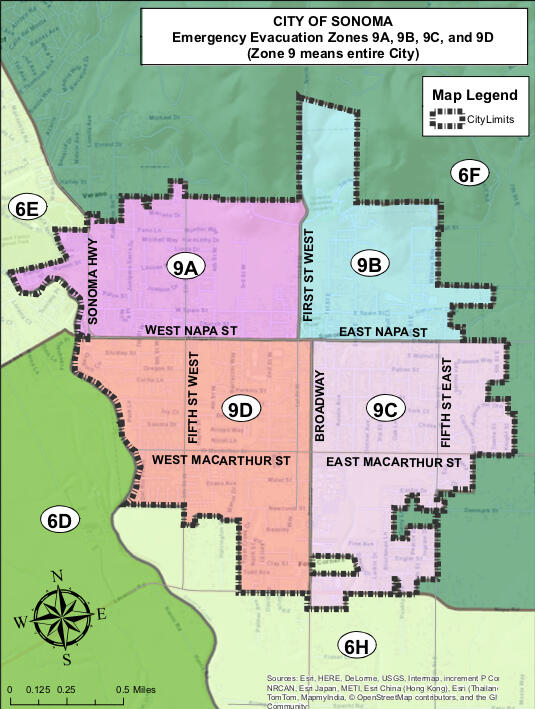 City of Sonoma's four zones for emergency evacution. Portions shown of Zone 6D, Zone 6E, Zone 6F, and Zone 6H are evacuation zones in the unincorporated areas bordering the City of Sonoma; those residents should refer to the Sonoma County Sheriff’s Office evacuation map for zone information.