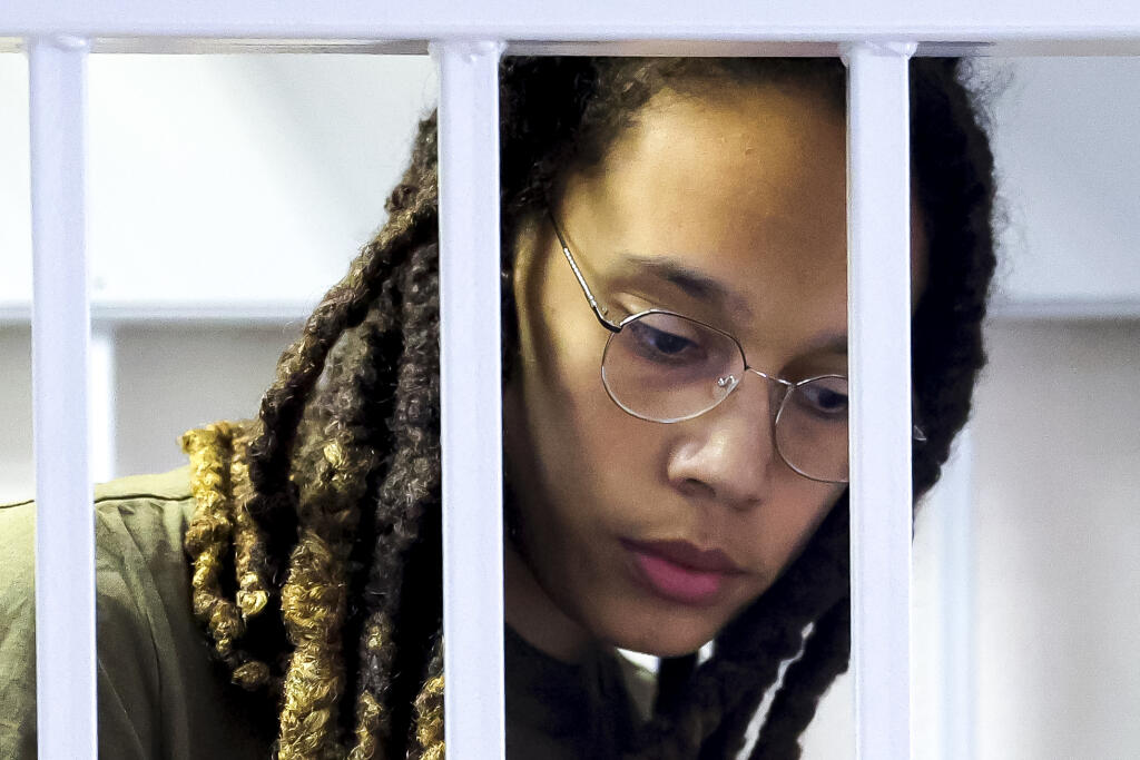 WNBA star and two-time Olympic gold medalist Brittney Griner, was sentenced Thursday to 9½ years in a Russian prison, could be included in a prisoner swap.(EVGENIA NOVOZHENINA / Pool photo)