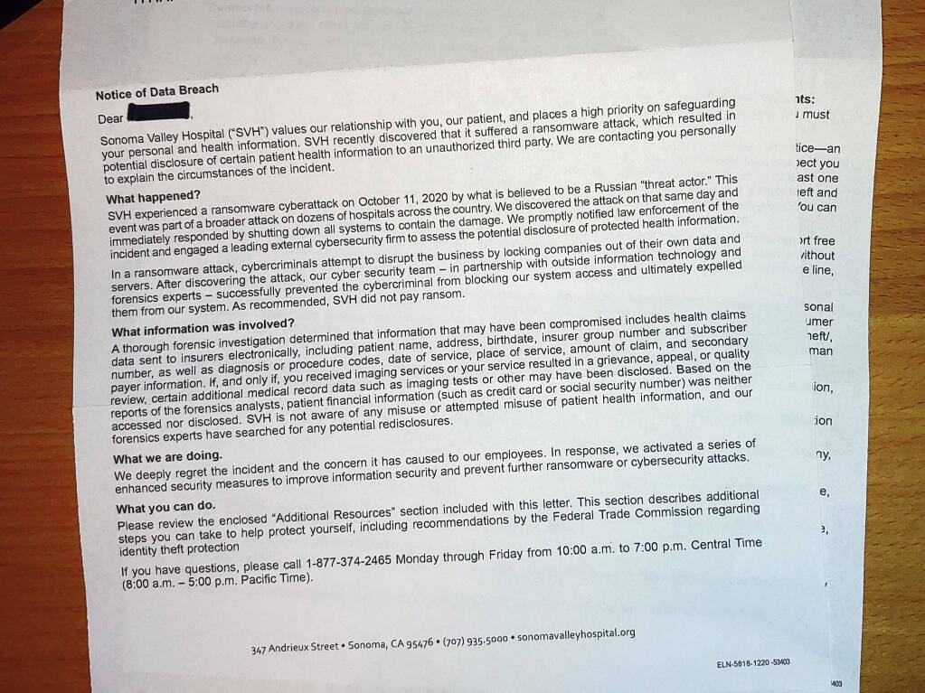 Letter from the Sonoma Valley Hospital dated Dec. 8, sent to patients and other clients of the hospital whose records may have been accessed in a November, 2020 cyber attack.