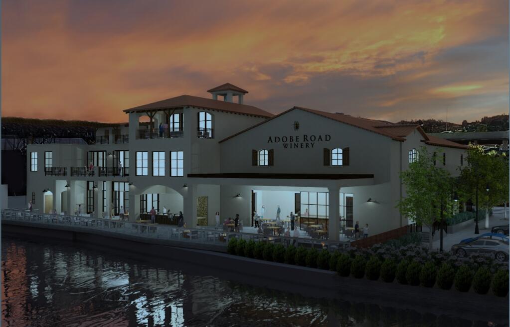 A rendering of the new plans depict the downtown winery complex’s third-story terrace, and other small tweaks to its frontage. (COURTESY KEVIN BUCKLER)