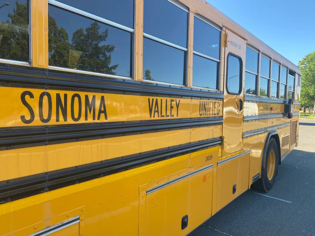 A Sonoma Valley Unified School District bus sits outside Sonoma Valley High School on May 1, 2021. At the beginning of the 2023-24 school year, three routes involving Sonoma Valley and Creekside high schools had to be canceled due to a shortage of drivers.