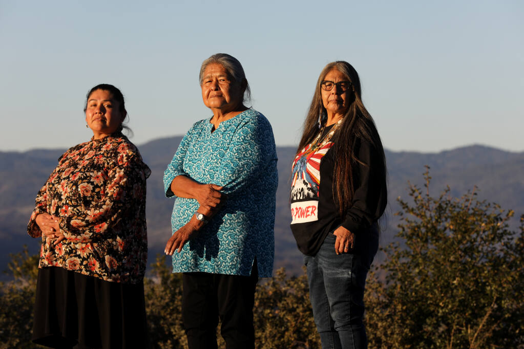 From left, Otaka Redhawk, Eliste Reeves and Edwina Lincoln, all members of the Yuki tribe in Covelo, on Tuesday, Nov. 30, 2021. (Beth Schlanker/The Press Democrat)