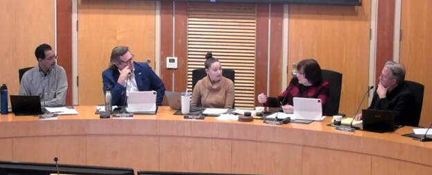 Council Member Ron Edwards, Vice Mayor David Hagele, Mayor Ariel Kelley, Council Member Evelyn Mitchell and Council Member Chris Herrod in a screengrab from the Healdsburg City Council meeting, Monday, April 3, 2023.
