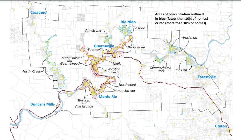 A map of an area in the lower Russian River that will have a vacation rental cap until August 2022. (Sonoma County)