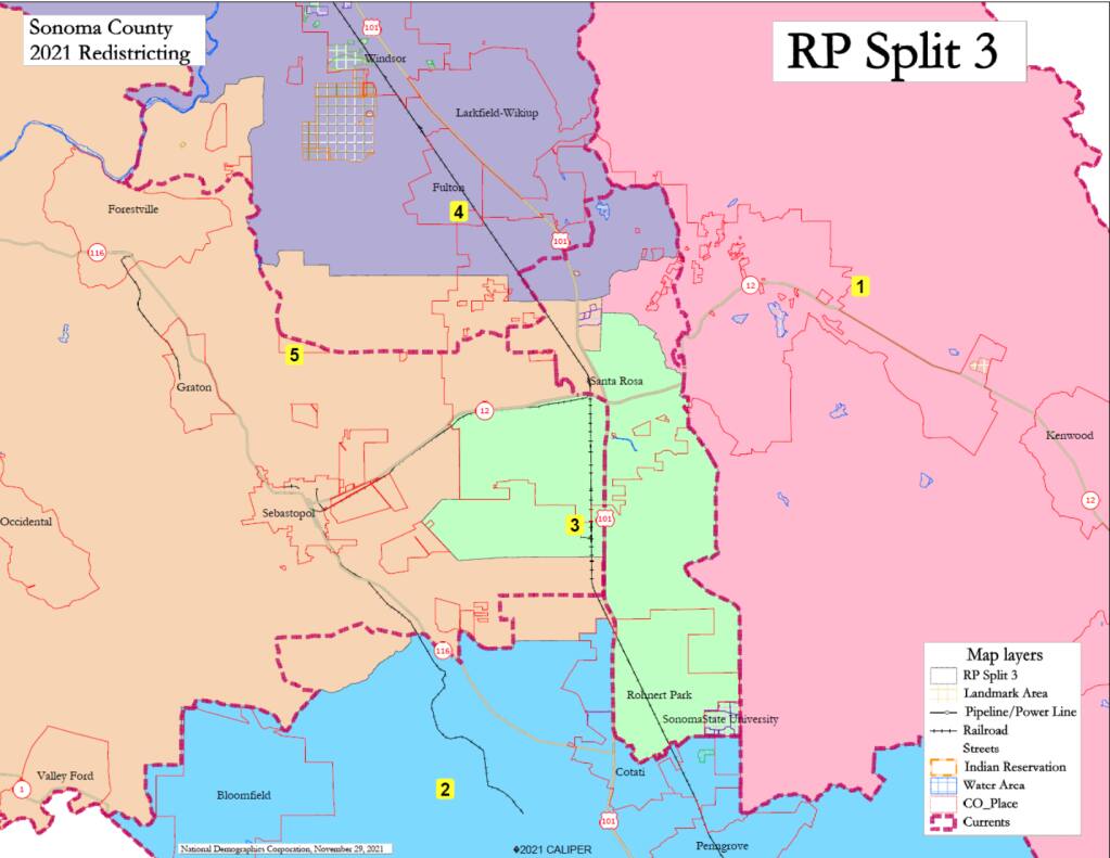 On Nov. 29, the Board of Supervisors endorsed a new map that splits downtown Santa Rosa along Highway 101, while unifying Roseland and Moorland with much of the rest of the city, and retains the split of Rohnert Park in two separate districts.