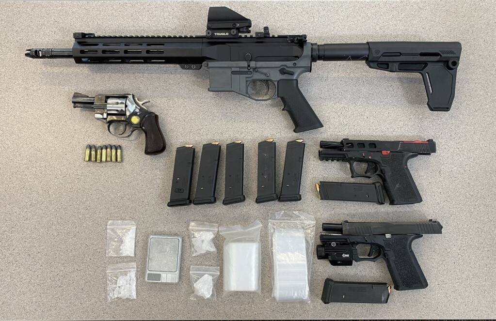 Sonoma County Sheriff’s deputies found guns in the possession of a Santa Rosa man who was free on bail while awaiting trial, Monday, March 27, 2023, leading to his arrest, authorities said. (Sonoma County Sheriff’s Office)