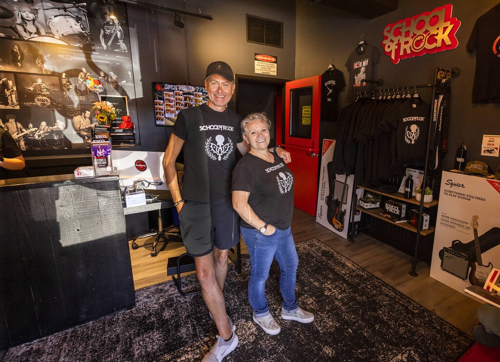 The School of Rock owner Heather Riley with National Director of New School Operations Larry Wisowaty in the lobby of the San Rafael location, July 18, 2022. (John Burgess / The Press Democrat)