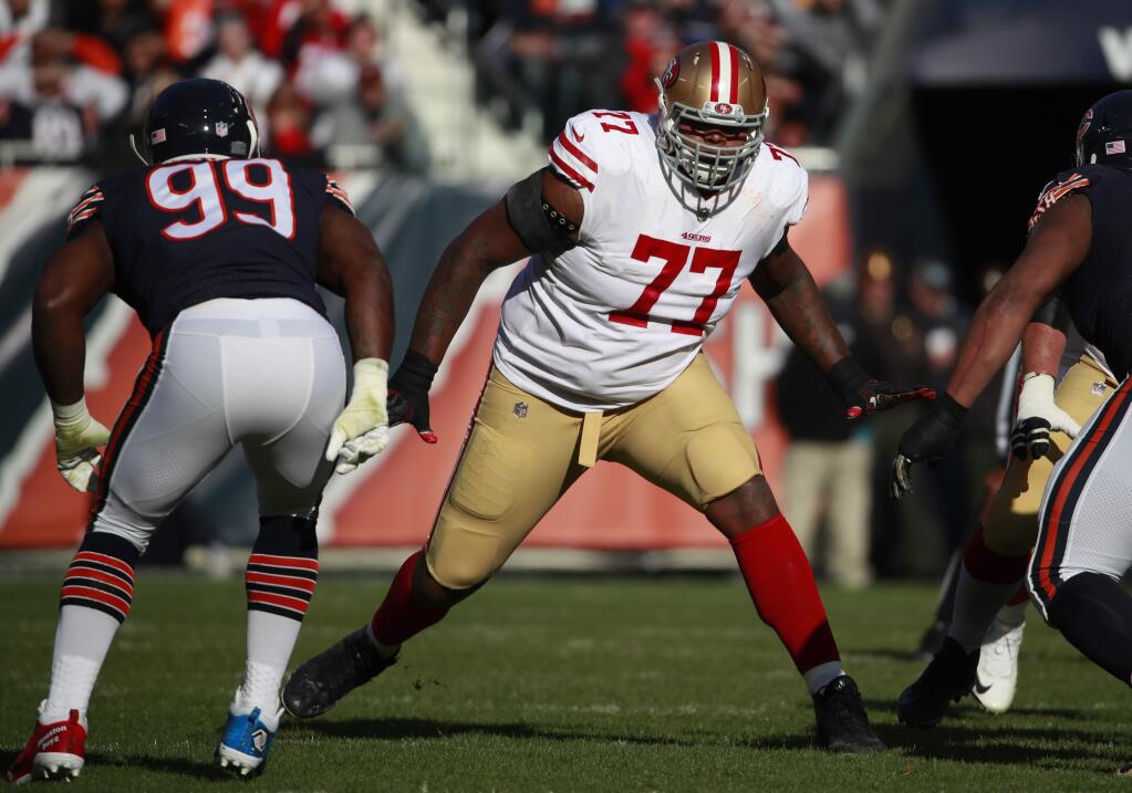 San Francisco 49ers offensive tackle Trent Brown gets set to block against the Chicago Bears Sunday, Dec. 3, 2017, in Chicago. The 49ers won the game 15-14. (Jeff Haynes/AP Images for Panini)