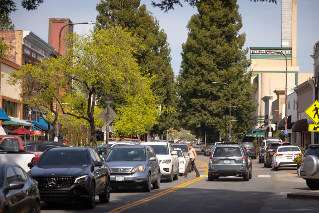The Santa Rosa City council is looking to close 4th Street in downtown from the Beer Baron to D Street to the east and La Rosa Taqueria to B Street to the west Wednesday, April 10, 2024. (Photo by John Burgess/The Press Democrat)