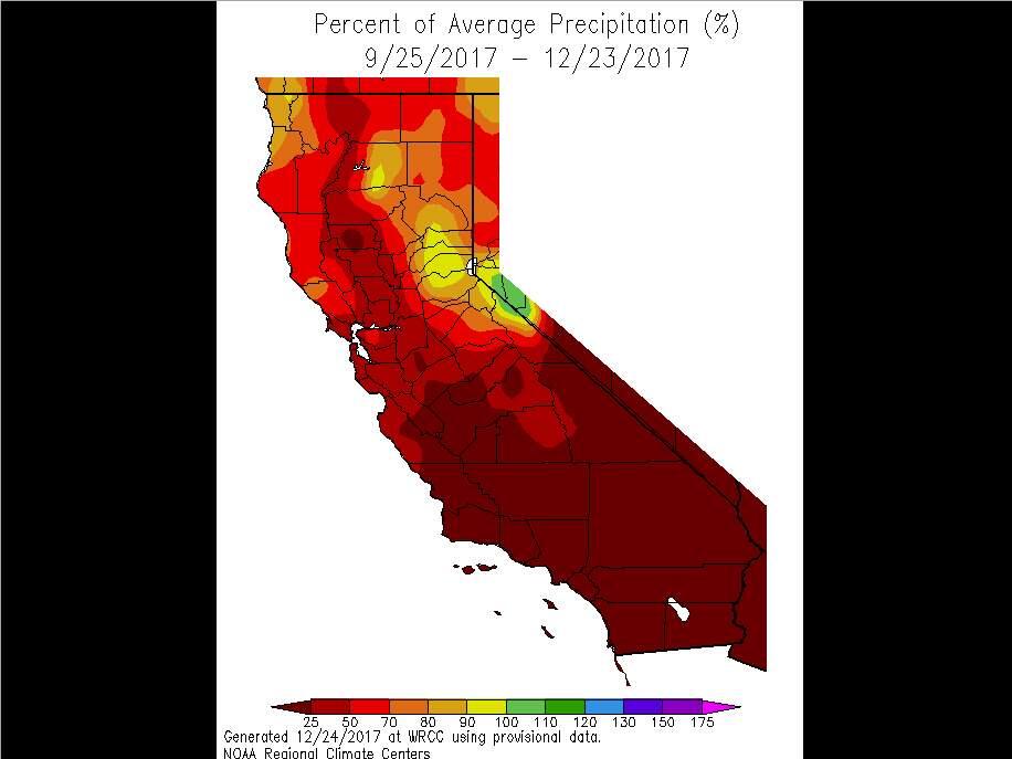All of California is now experiencing well-below-average precipitation for the season to date. (WRCC)