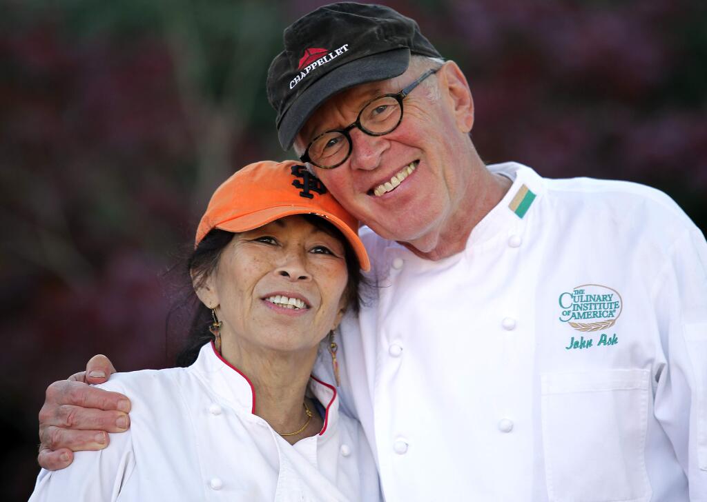 Chefs John Ash, right, and Barbara Hom at the Harvest for a Heart fundraiser for the Ceres Community Garden in Sebastopol on August 16, 2014.