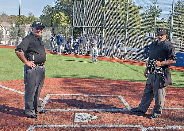 Northern Coast Officials Ed Halton and Dennis Byrne at the start of the game between Saint Vincent De Paul and College Prep in Petaluma on Thursday, March 24, 2016. (JOHN O'HARA / FOR THE ARGUIS-COURIER).