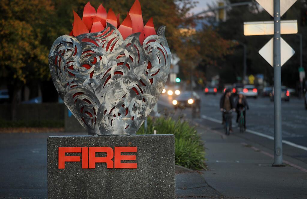 A sculpture was placed at the headquarters of the Santa Rosa Fire Department, Tuesday, Dec. 31, 2019, crafted by a local artist that lost their home to the 2017 Tubbs fire. (Kent Porter / The Press Democrat) 2019
