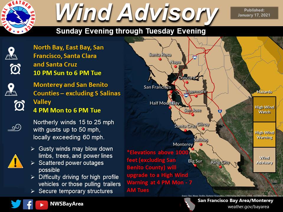The National Weather Service on Sunday upgraded its Wind Advisory to a High Wind Warning for higher elevations across central and northern California. (NWS screenshot).