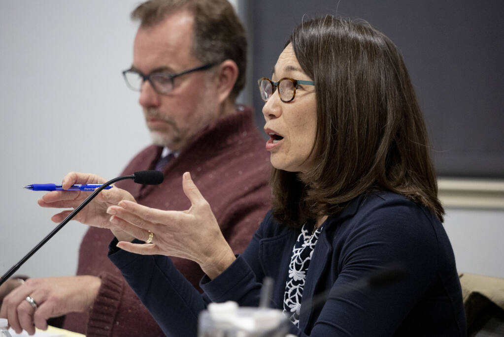 President Anne Ching at the Sonoma Valley Unified School District Board of Trustees meeting at the district offices on Railroad Avenue on Thursday, March 9. (Robbi Pengelly/Index-Tribune)