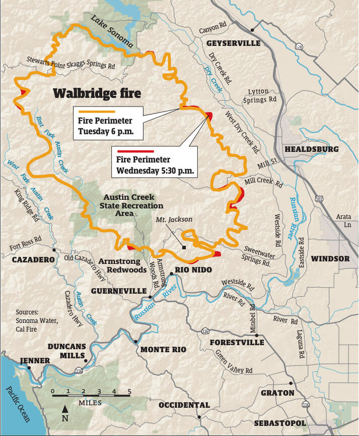 Map shows how the perimeter of the Walbridge fire changed from Tuesday, Aug. 25, 2020, at 6 p.m. to Wednesday, Aug. 26, 2020, at 5:30 p.m. (Dennis Bolt / For The Press Democrat)