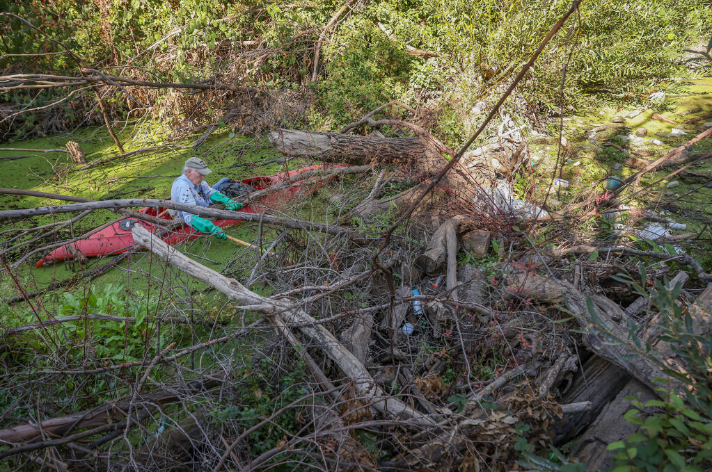 Jacob Boudewijn picks up garbage in Santa Rosa Creek behind his home, where downed trees have disrupted the flow of water, and trash has collected, in Santa Rosa on Thursday, October 20, 2022. (Christopher Chung/The Press Democrat)