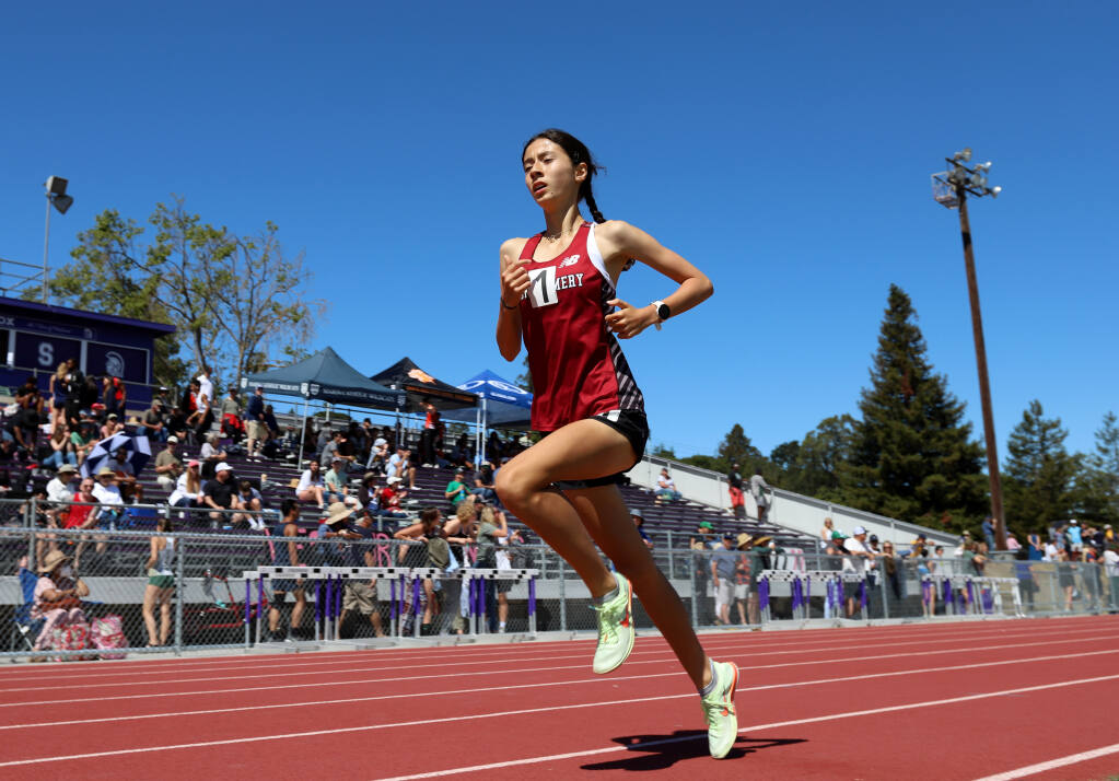 Hanne Thomsen of Montgomery High, wins Girls 1600, during the CIF North Coast Section Track and Field Championships at Petaluma High School in Petaluma, Calif., Saturday, May 14, 2022. ( Darryl Bush/For The Press Democrat file)