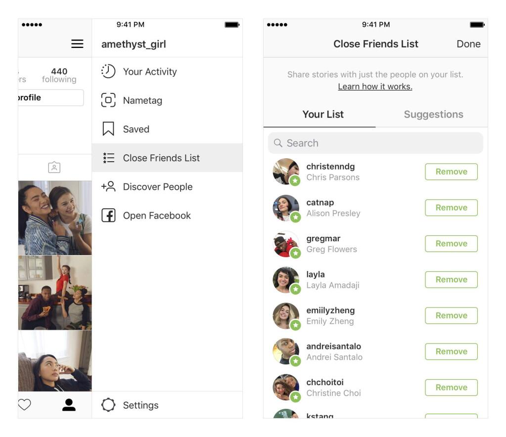 This undated product image provided by Instagram shows a new feature Close Friends, which aims to make it easier to share photos and videos with fewer people. Robby Stein, product director at Instagram, said the feature took more than a year to complete. It starts rolling out to users Friday, Nov. 30, 2018. (Instagram via AP)