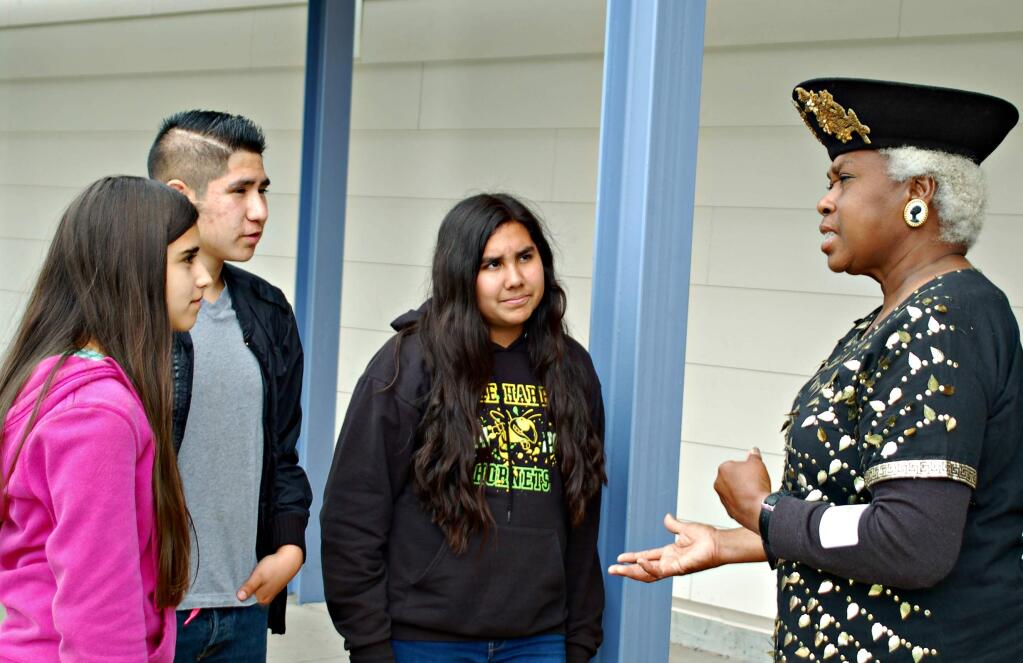 Misty Adana Aleyce Browning shared her experiences of growing up Black in the South with Adele Harrison eighth graders in 2015. (Index-Tribune file photo)