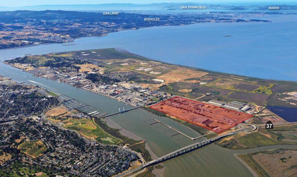 The 157-acre north Mare Island area of Vallejo, part of the former Navy shipyard, is seen highlighted on this aerial view from the northeast. (City of Vallejo)