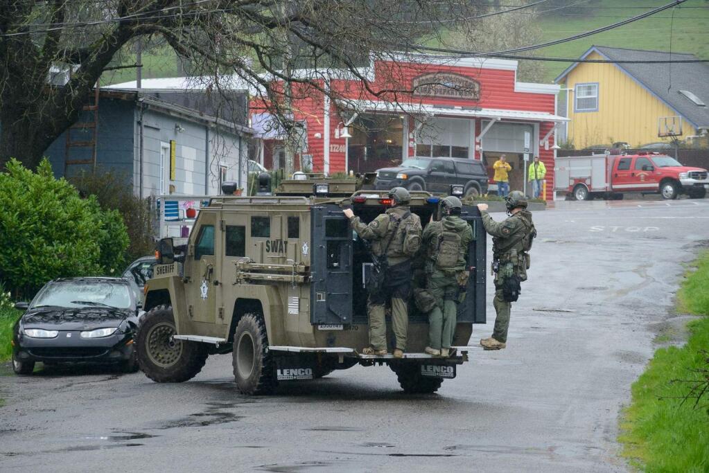 Members of the Sonoma County Sheriff's Office SWAT team arrive at Salmon Creek Road Sunday afternoon to handle a domestic dispute in Bodega. (Photo courtesy of Jerry Dodrill)