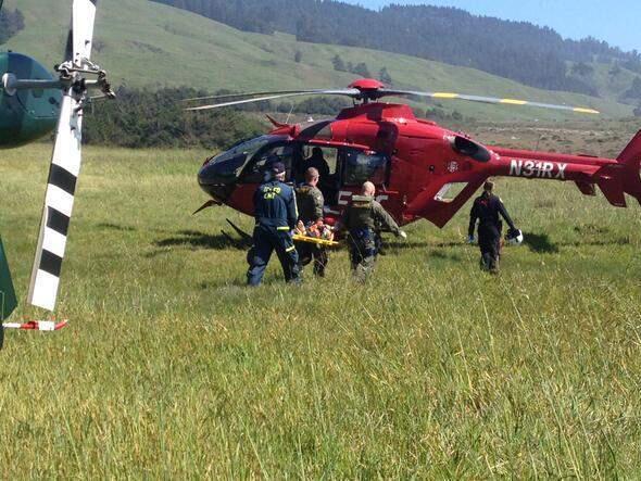 A 9-year-old boy who fell from a cliff at Fort Ross is carried to a REACH helicopter for medical transport. (Friends of Henry 1)