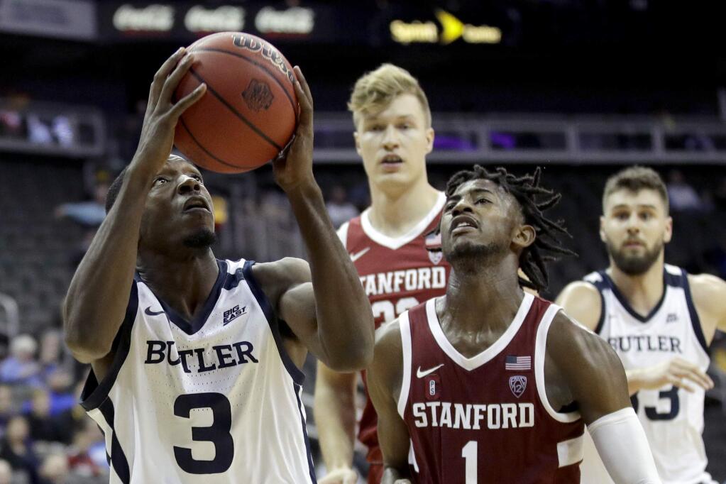 Butler guard Kamar Baldwin (3) puts up a shot during the second half against Stanford, Tuesday, Nov. 26, 2019, in Kansas City, Mo. Butler won 68-67. (AP Photo/Charlie Riedel)