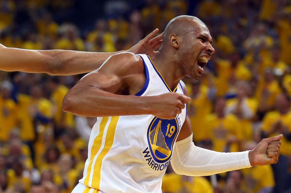 Golden State Warriors guard Leandro Barbosa lets out a yell after getting the basket and the foul during Game 2 of the first round of the NBA Western Conference playoffs at Oracle Arena, in Oakland on Monday, April 20, 2015. (Christopher Chung/ The Press Democrat)