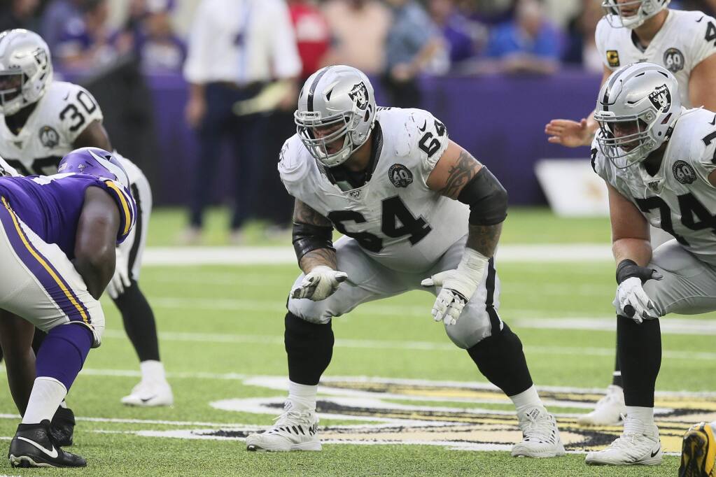 Oakland Raiders offensive lineman Richie Incognito (64) gets set for a play during the second half against the Minnesota Vikings, Sunday, Sept. 22, 2019, in Minneapolis. (AP Photo/Jim Mone)