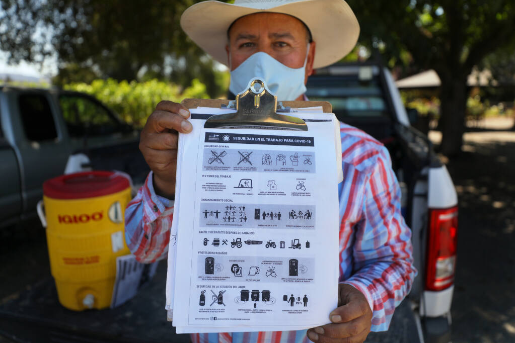 Enterprise Vineyards, Inc., field supervisor Miguel Santoyo holds up the guidelines that he reads to all of his workers at the start of each day, in Kenwood on Tuesday, July 28, 2020.  All Enterprise Vineyards, Inc., field workers wear face masks and all machinery is disinfected after use.(Christopher Chung/ The Press Democrat)
