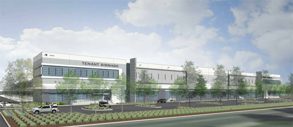 Architectural rendering of Building B, one of two warehouses planned in the 1.07 million-square-foot phase 1 of the Giovannoni Logistics Center project in American Canyon in Napa Valley. (RMW Architecture image courtesy of Buzz Oates Group of Companies)