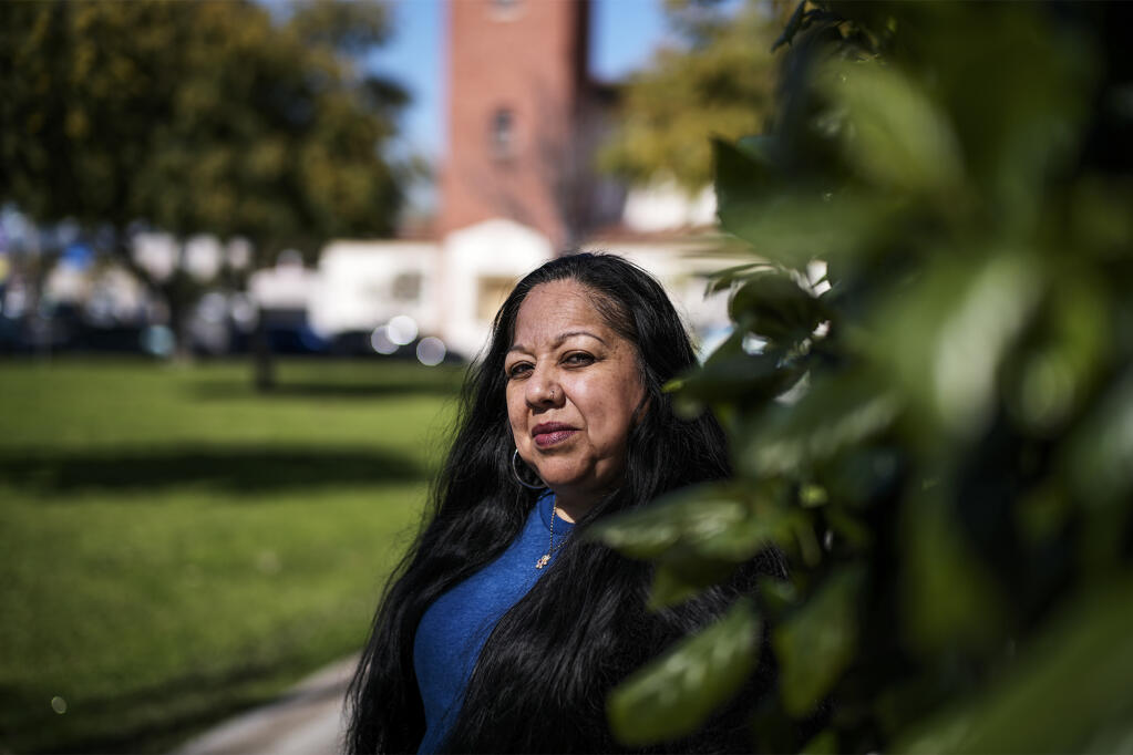 Irma Cervantes at Atlantic Avenue Park in East Los Angeles on March 2, 2023. “It’s difficult to move because I do not have a job at the moment,” Cervantes said, who used to do janitorial work at convention centers in Los Angeles and Orange Counties. “I just want to find a way to pay the rent without getting harassed.” Pablo Unzueta for CalMatters