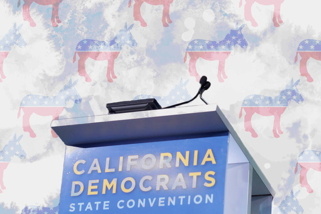 California Democrats held their annual convention in Los Angeles on May 25-28, 2023. Illustration by Miguel Gutierrez Jr., CalMatters