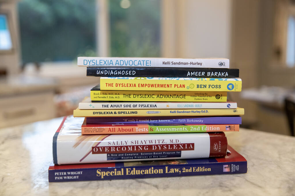 Books about dyslexia at a home in Clayton on Jan 29, 2023. Photo by Shelby Knowles for CalMatters