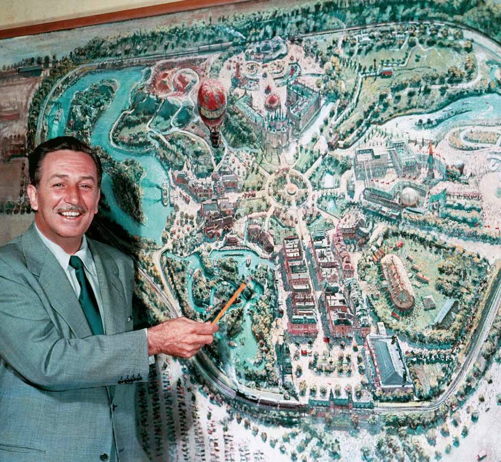 A photo from Marcy Carriker Smother’s “Walt’s Disneyland” shows an early map/painting of Disneyland created by Peter Ellenshaw. (Walt Disney Archives)