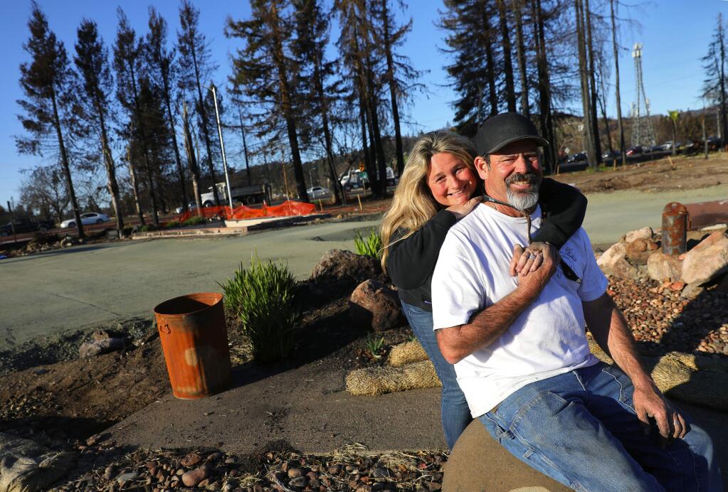 Joel and Tina Chandler have had their lot in Larkfield cleared and a building pad has been put into place as they prepare to rebuild their home after last October's wildfires.(Christopher Chung/ The Press Democrat)