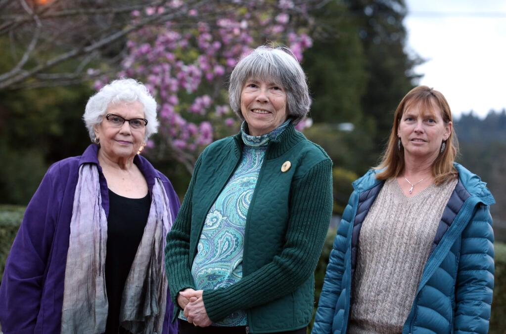 Guerneville residents, Jeanette Dillman, center, Margaret Benelli, left, and Barbara DeCarly, right, photographed Thursday, Feb. 5, would like to get the Russian River corridor 'detached' from the Palm Drive Health Care District. (Crista Jeremiason/ The Press Democrat)