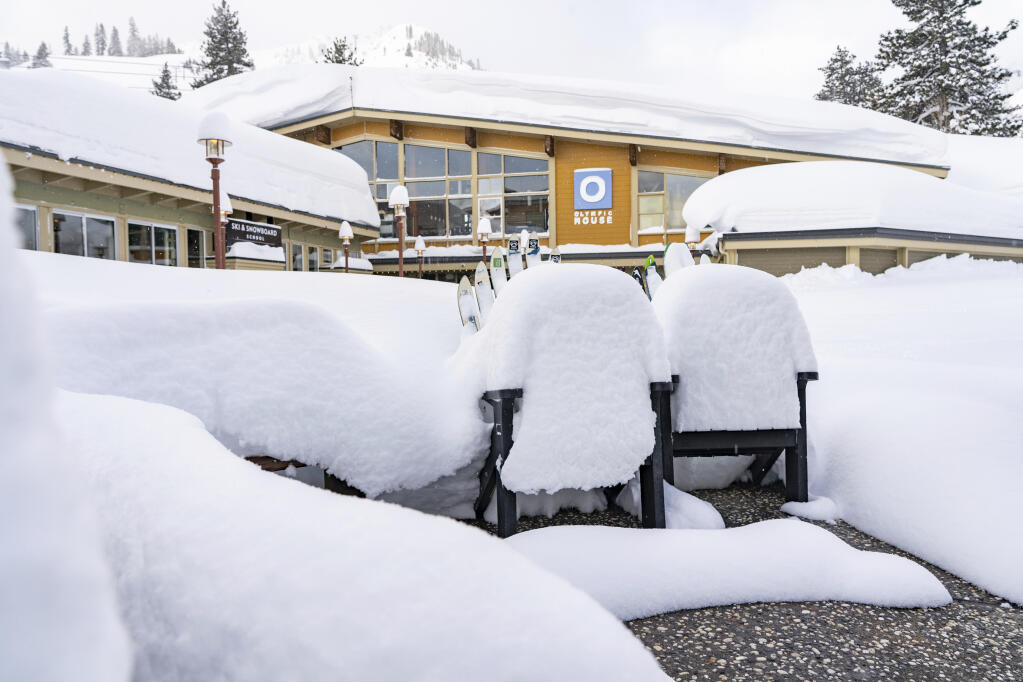 This photo provided by Palisades Tahoe shows snow cover at Palisades Tahoe ski resort in Olympic Valley, Calif., on Wednesday, March 1, 2023. (Blake Kessler/Palisades Tahoe via AP)