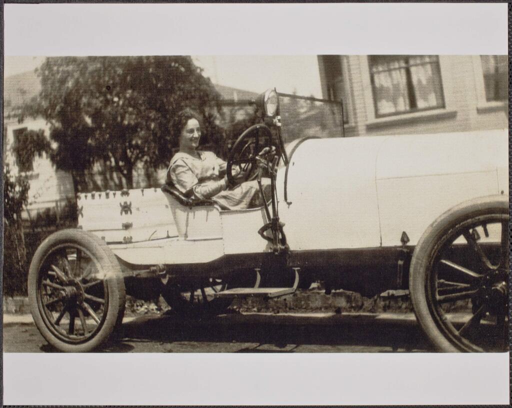 (photo courtesy of Sonoma County Library) Lucy Grace Dimmick is pictured here in the Stutz Bearcat on Fourth Street in Petaluma,1916. Gas for a new vehicle in 1916 would have cost 19 cents a gallon in Petaluma.