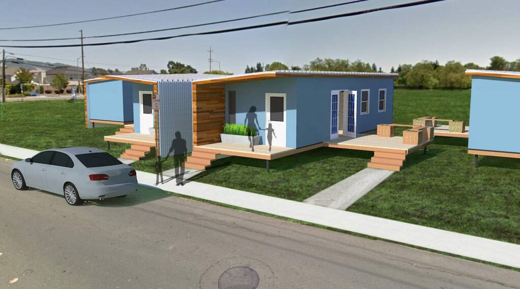 An artist's rendering of the Homes for Sonoma design for temporary to permanent housing for October 2017 fire victims developed by Quattrocchi Kwok Architects in collaboration with the Sonoma County Office of Education and Flight LLC Communications.