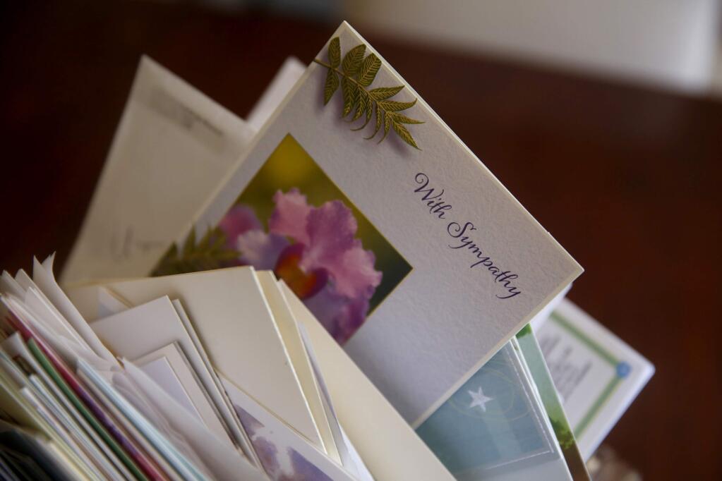 A stack of sympathy card sent to Denise Bleuel after she lost her son Quoyah Tehee to suicide in December 2015. Photo taken at her home in Napa , on Monday, October 10, 2016. (BETH SCHLANKER/ The Press Democrat)
