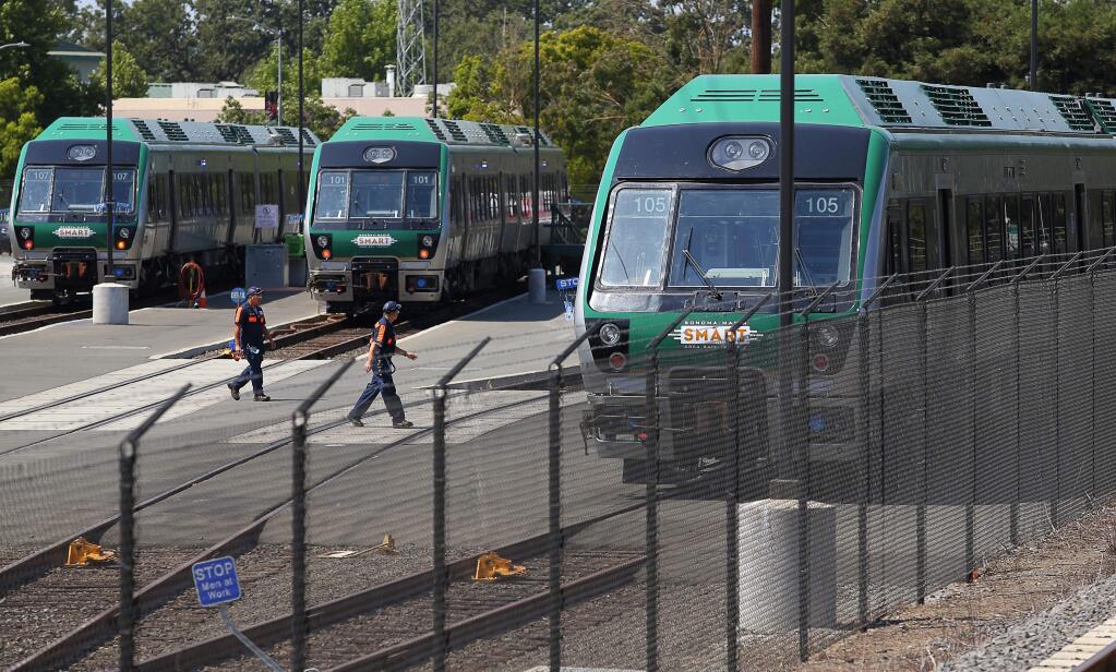 SMART trains sit at the Rail Operations Center, along Airport Boulevard, in Santa Rosa on Thursday, August 17, 2017. (Christopher Chung/ The Press Democrat)