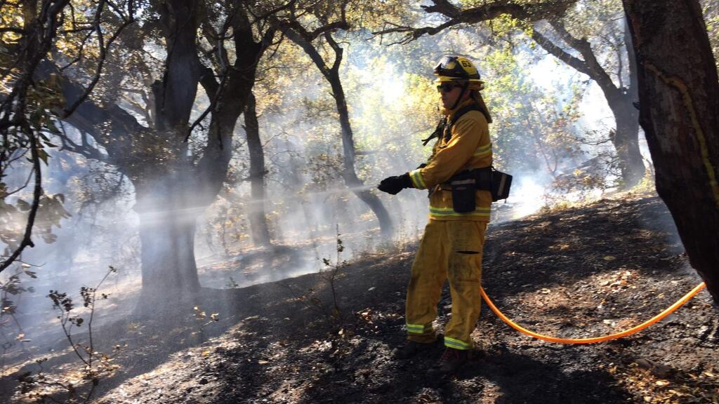 A firefighter dowses hot spots in a small brush fire Tuesday near Geyserville. (Kent Porter/The Press Democrat)